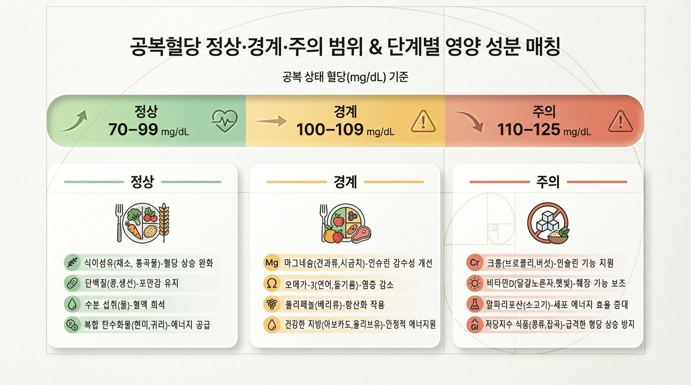 공복혈당 정상 경계 주의 범위와 단계별 영양 성분 매칭 안내