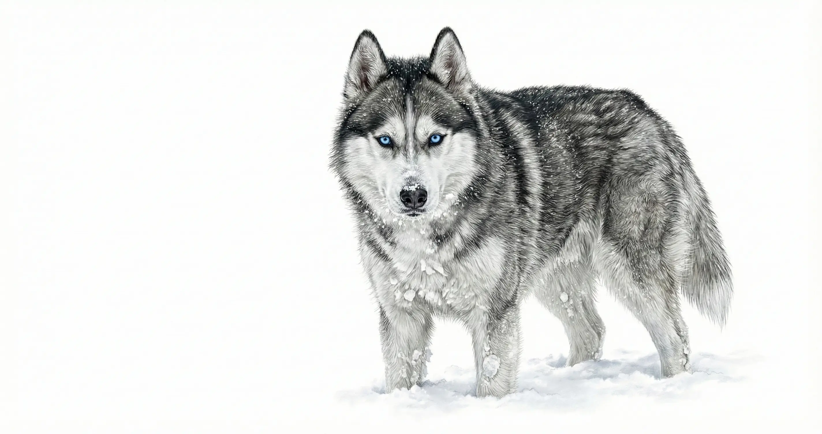 눈밭에 서 있는 파란 눈의 시베리안 허스키