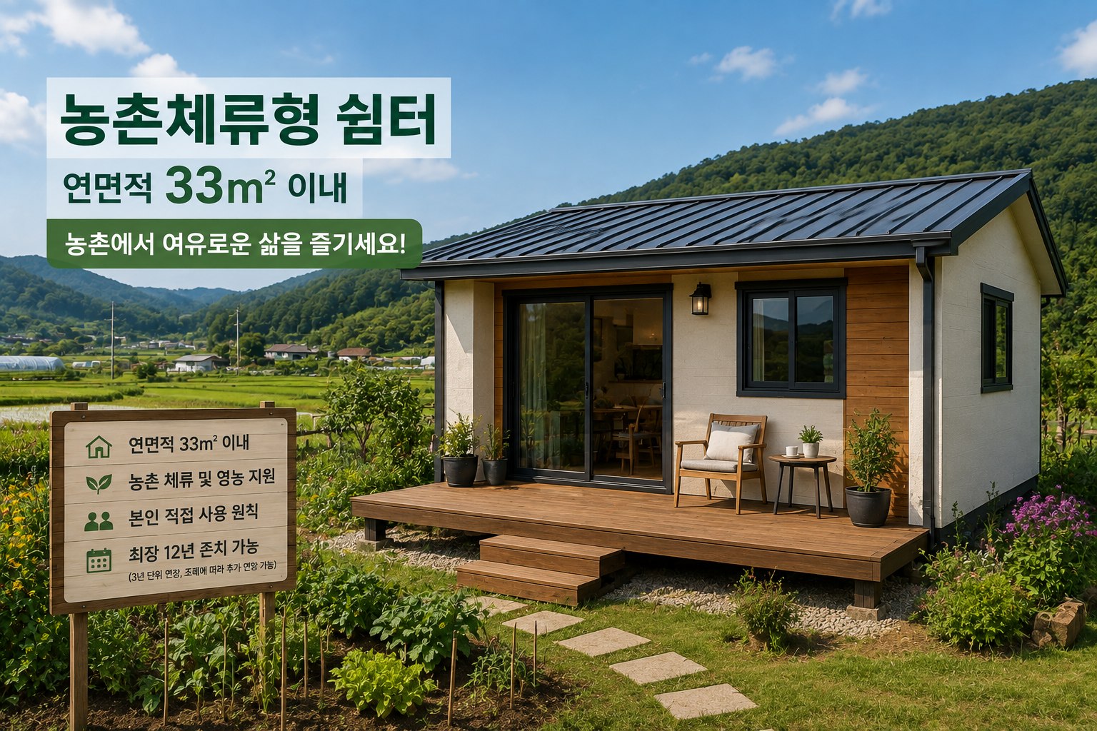 농촌체류형 쉼터 33제곱미터 설치 기준 및 가설건축물 구조 인포그래픽