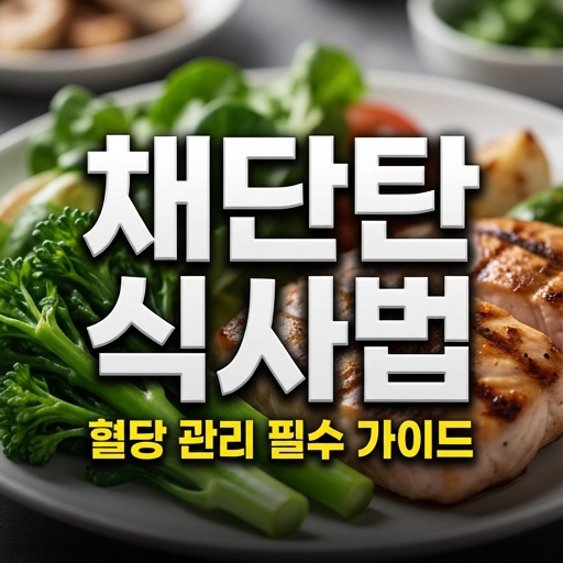 혈당 관리 필수 가이드로 채단탄 식사법을 소개하는 연어 스테이크와 채소 샐러드 배경의 블로그 썸네일