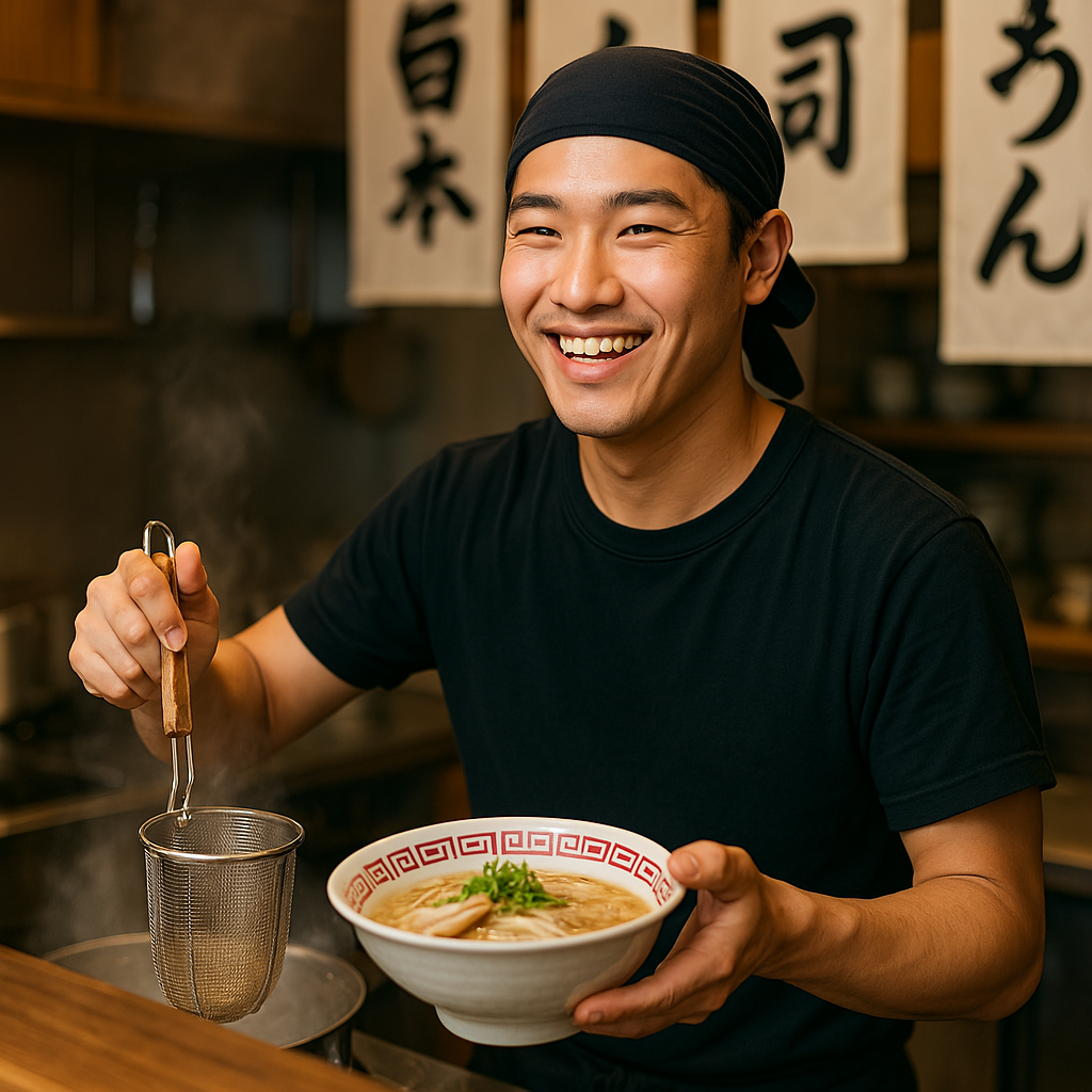 일본 라멘집에서 웃으면서 근무중