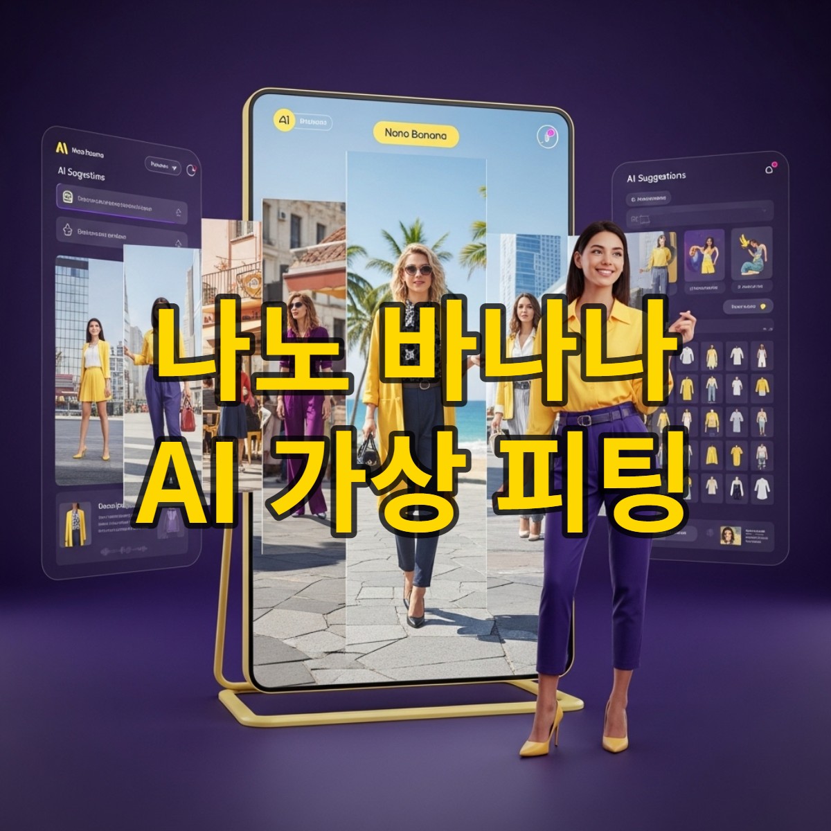 미래지향적인 공간에서 AI 가상 피팅 앱 '나노 바나나'를 통해 다양한 의상을 미리 입어보는 여성의 모습.