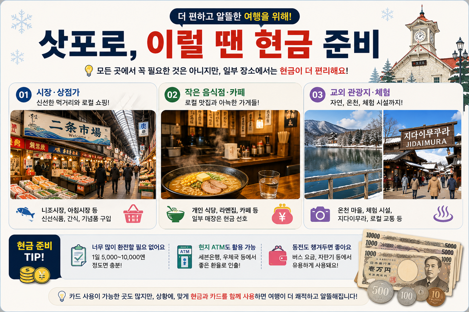 삿포로 시장 음식점 교외 관광에서 엔화 현금이 필요한 상황을 보여주는 이미지