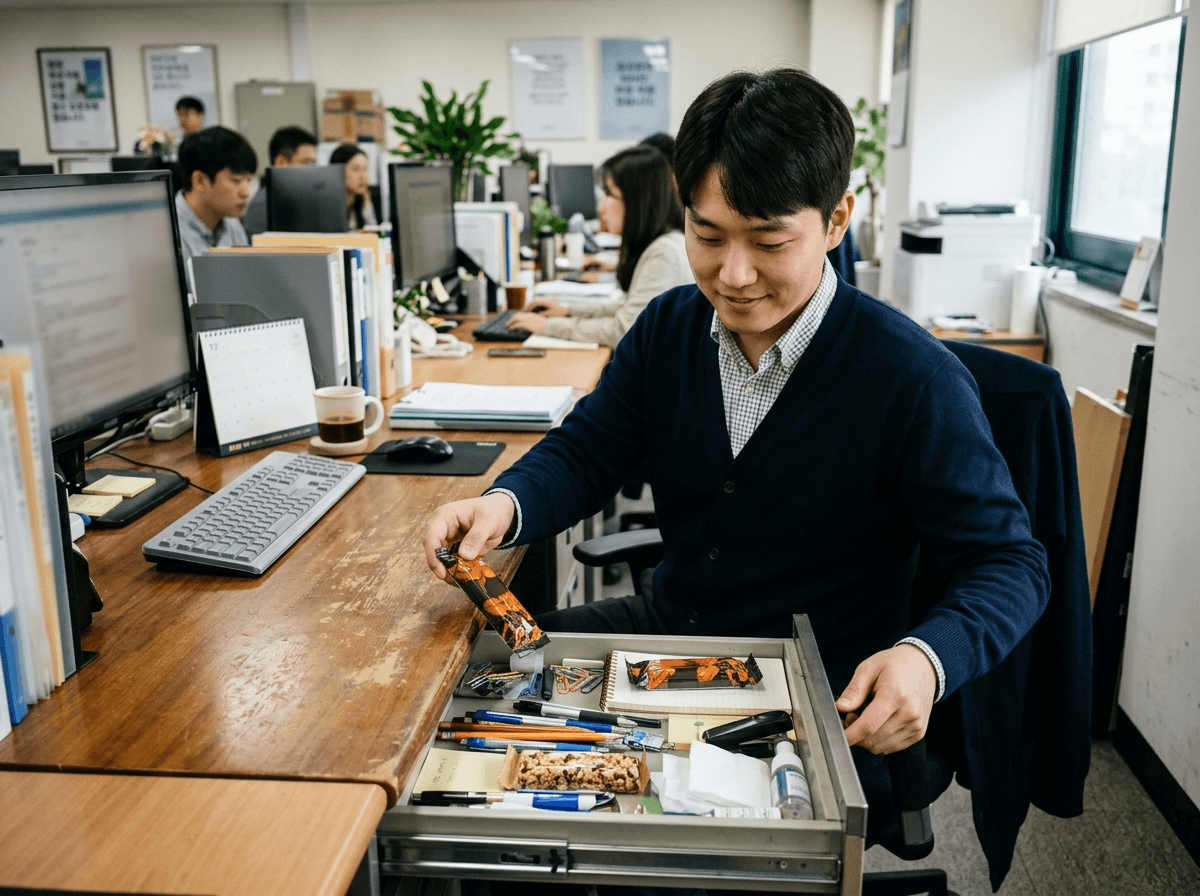 회사 서랍에 단백질바를 넣어두고 회의 전 꺼내 먹는 직장인 상황