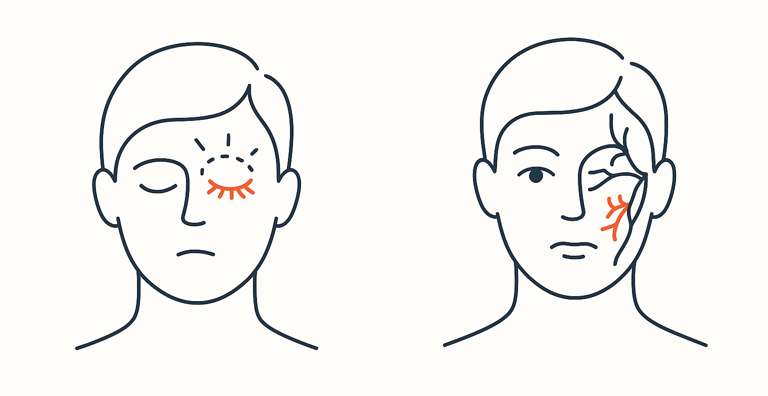 눈꺼풀 떨림 – 국소적, 일시적, 안면경련 – 얼굴 반쪽, 점차 확산