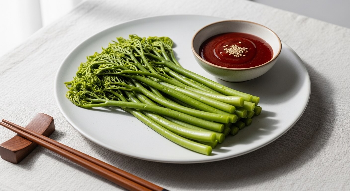 접시에 담긴 데친 두릅 숙회와 초고추장 소스