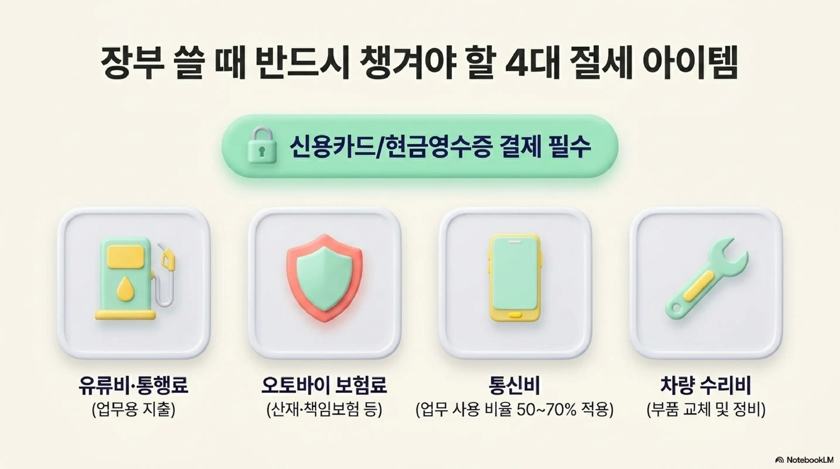 배달라이더·대리기사가 간편장부 작성 시 반드시 챙겨야 할 4대 절세 항목(유류비·통행료 오토바이 보험료 통신비 차량 수리비)을 아이콘으로 정리하고 신용카드·현금영수증 결제가 필수임을 안내하는 인포그래픽 이미지