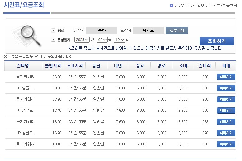 중화항에서 욕지도 가는 배 시간표 캡쳐 사진