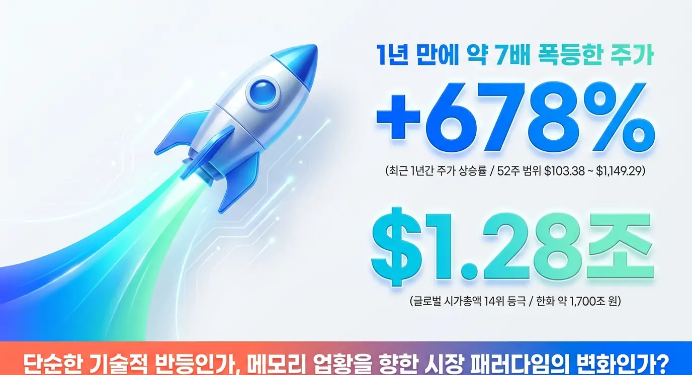 마이크론 주가전망: 마이크론 주가가 최근 1년간 약 678% 급등하고 시가총액이 1.28조 달러로 글로벌 14위에 오른 흐름을 로켓 그래픽으로 표현한 이미지. 52주 범위와 메모리 업황 패러다임 변화를 시각화하며&amp;#44; 마이크론 주가 전망 블로그의 주가 흐름 섹션을 설명함 