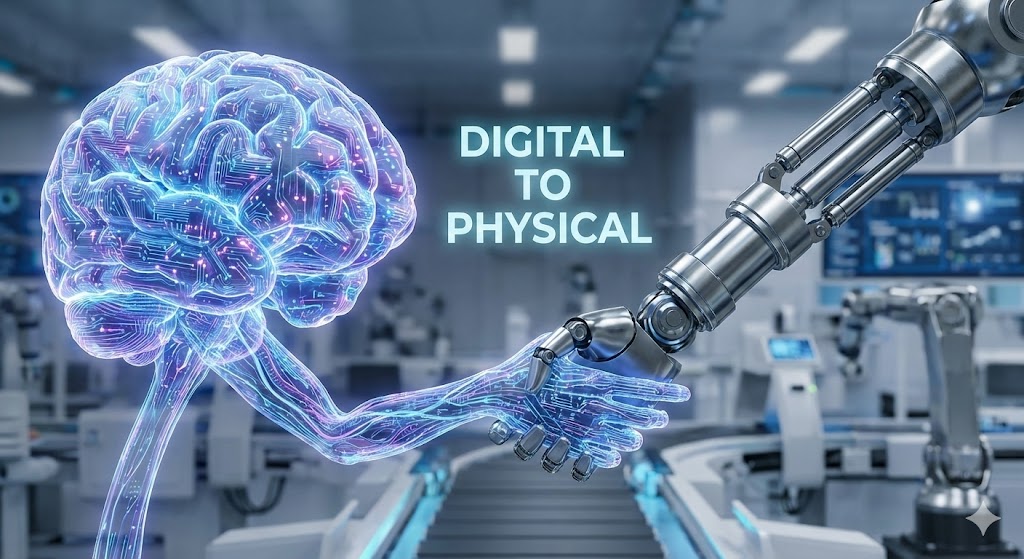 AI 두뇌와 로봇 팔이 악수하는 이미지. 배경에는 스마트 팩토리가 보이며 'Digital to Physical'이라는 문구가 적힌 인포그래픽