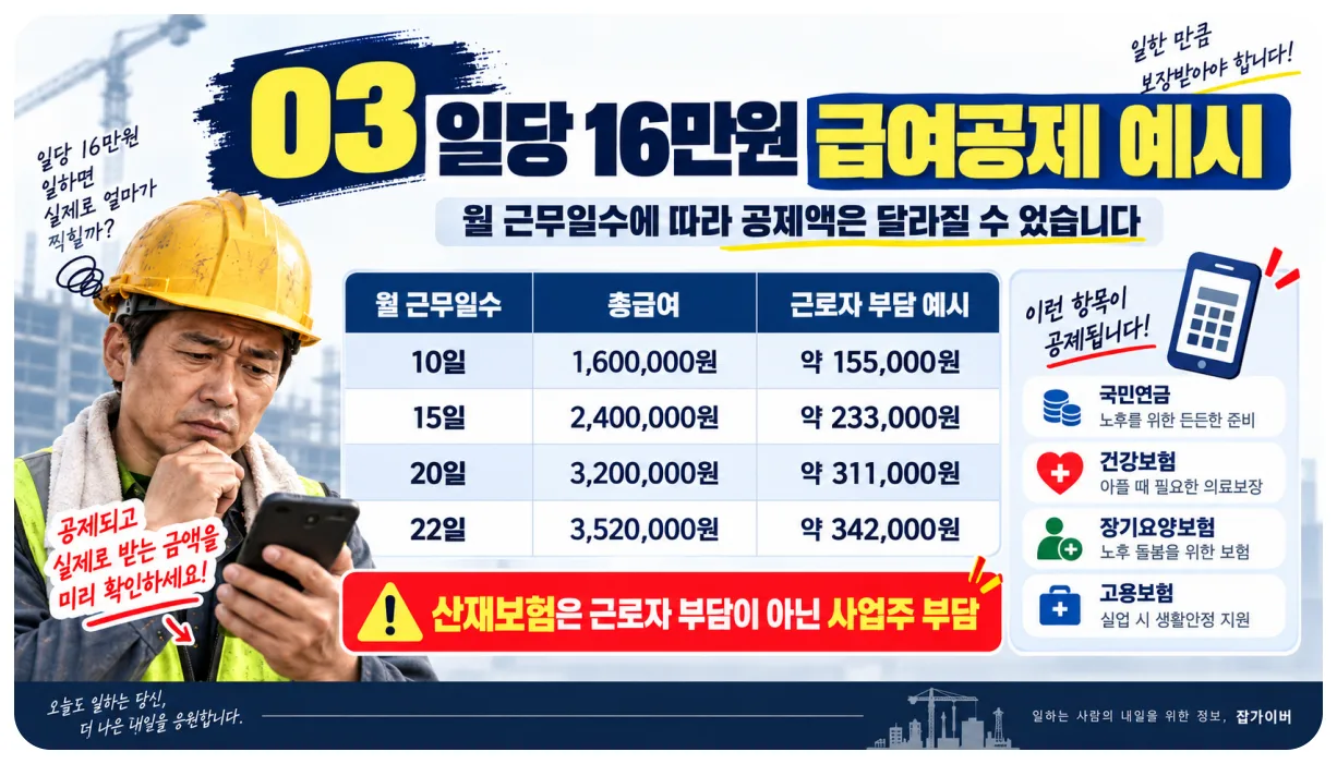 일당 16만원 건설일용직 월 근무일수별 4대보험 공제 예시
