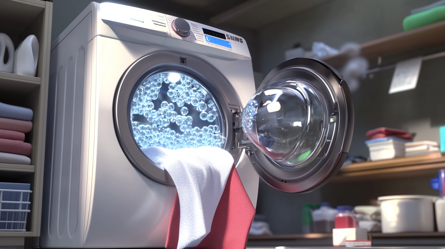 최신 삼성 세탁기의 에코 버블 기술을 이용한 이미지로 미세 거품이 옷감에 생생하게 스며들어 최적의 세탁을 제공하는 모습을 보여줍니다.