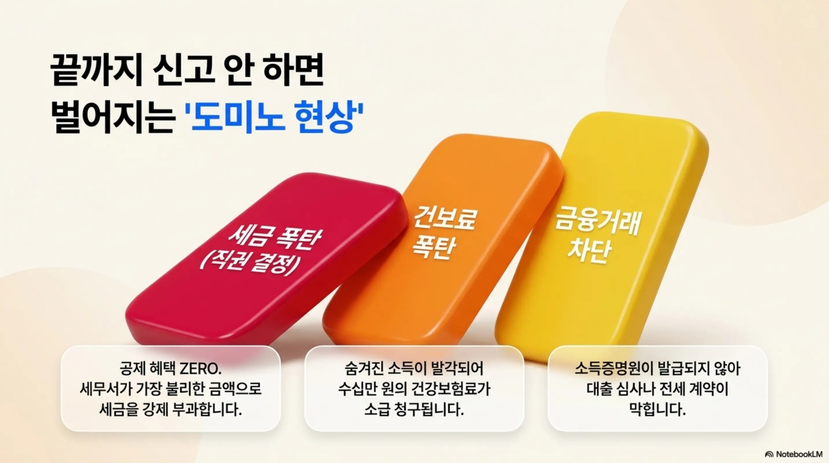 종합소득세 기한후신고 가산세: 끝까지 신고 안 하면 벌어지는 도미노 현상이라는 문구가 포함된 이미지. 이 이미지는 종소세 무신고 방치 시 세금 폭탄과 건보료 폭탄 그리고 금융거래 차단이라는 3가지 불이익을 시각적으로 전달하며&amp;#44; 블로그의 종소세 신고 안 하면 벌어지는 일과 관련된 내용을 설명함 