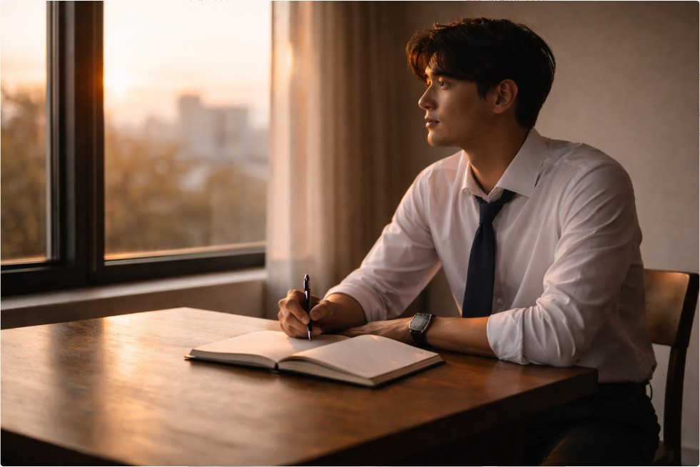 창가에 앉아 노트를 펼쳐두고 스스로의 생각을 정리하는 한국인 남자