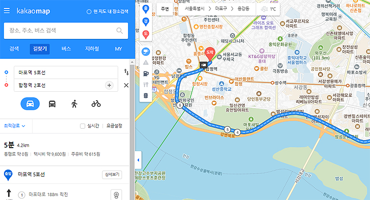 다음지도-길찾기-자동차-거리-검색-결과