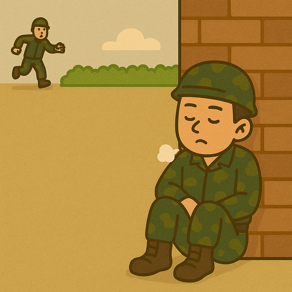 돈 빌려 달라는 사람으로부터 피해있는 군인의 모습