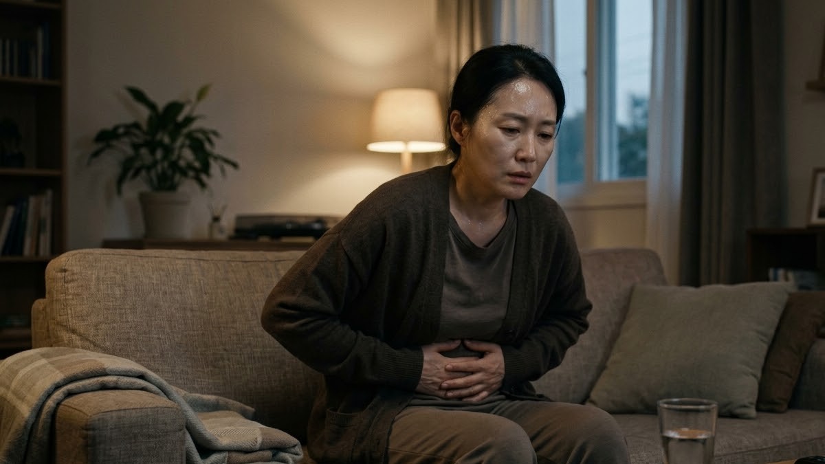소파에 앉아 윗배를 감싸고 창백한 얼굴로 식은땀을 흘리는 40대 여성