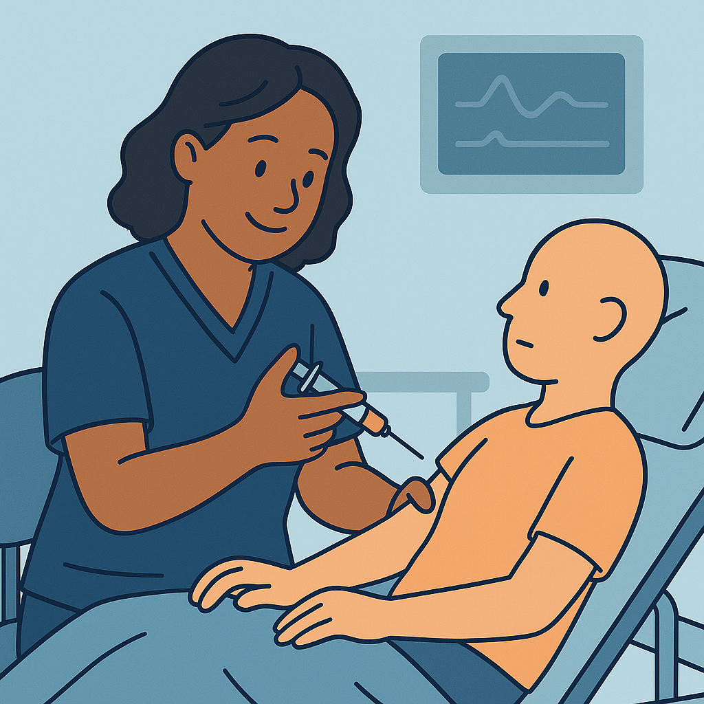 평면 벡터 스타일 일러스트: 연한 파란색 배경의 임상 실습실에서 간호복 차림의 여성 수강생이 환자 시뮬레이터의 팔에 주사기를 들고 주사 놓기 연습을 하고 있는 모습