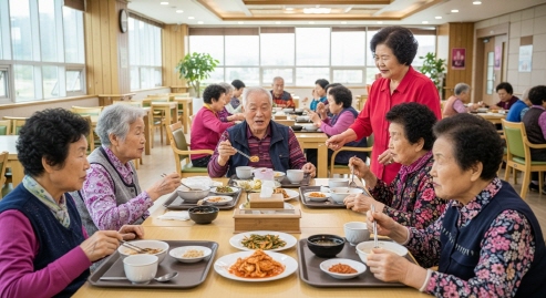 요양원 내부에서 식사 중인 어르신들