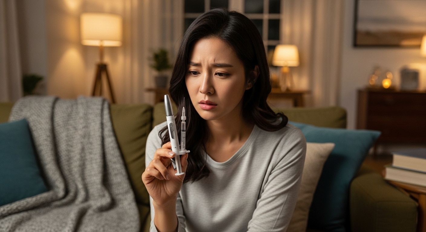 한국인-여성이-소파에-앉아-펜-타입-주사기를-손에-들고-고민하는-장면
