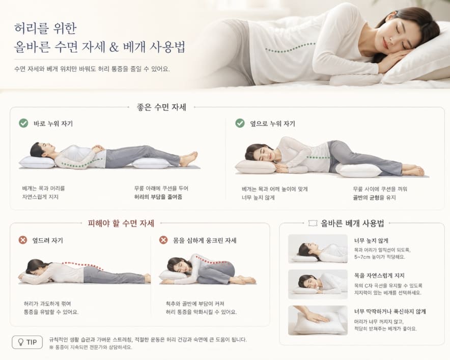 수면 자세 교정 및 베개 위치 설명 이미지