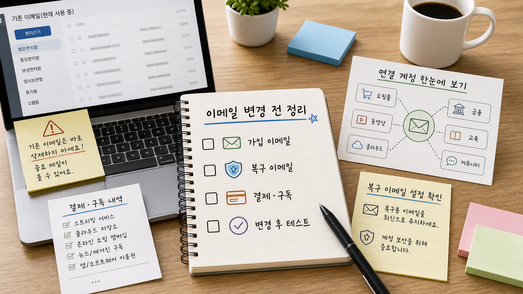 이메일 변경 전 가입 이메일 복구 이메일 결제 구독 변경 후 테스트 항목을 체크리스트로 정리하는 대표 이미지