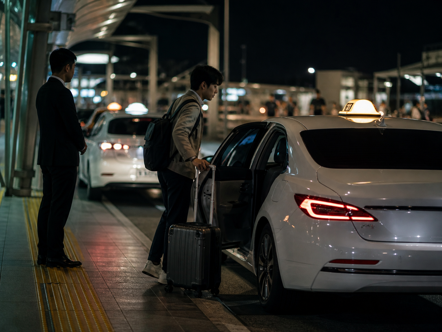 인천공항 공식 택시 승차장에서 택시에 탑승하는 여행자