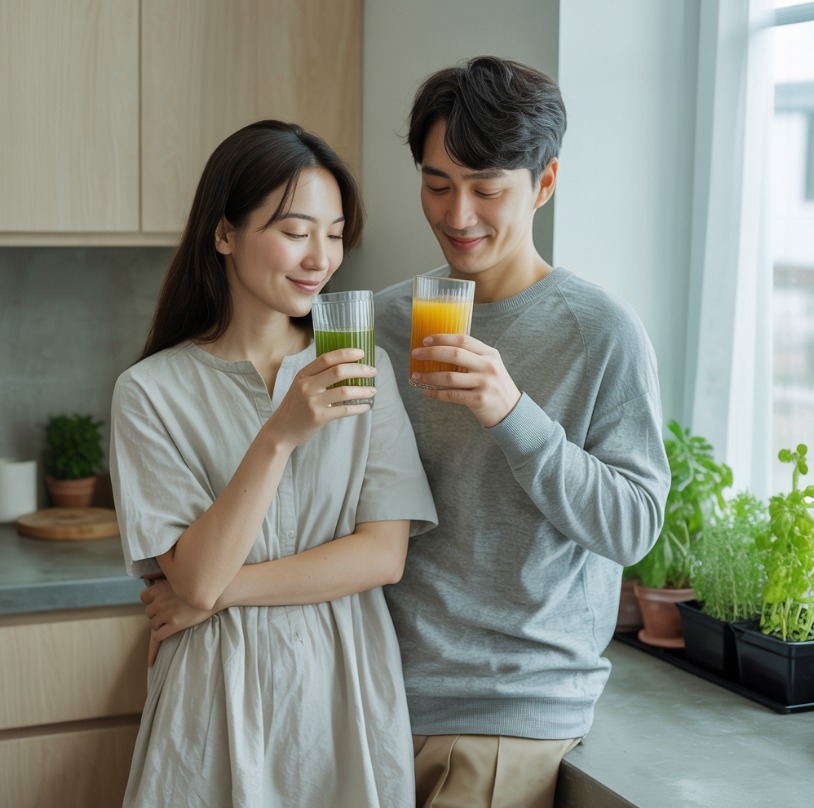 디톡스 주스 마시는 가족 이미지