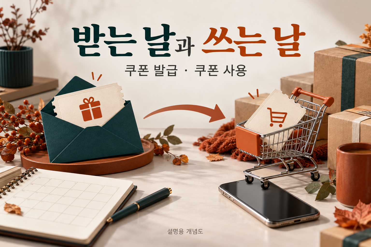 쿠폰을 받는 날과 사용하는 날을 구분한 도식