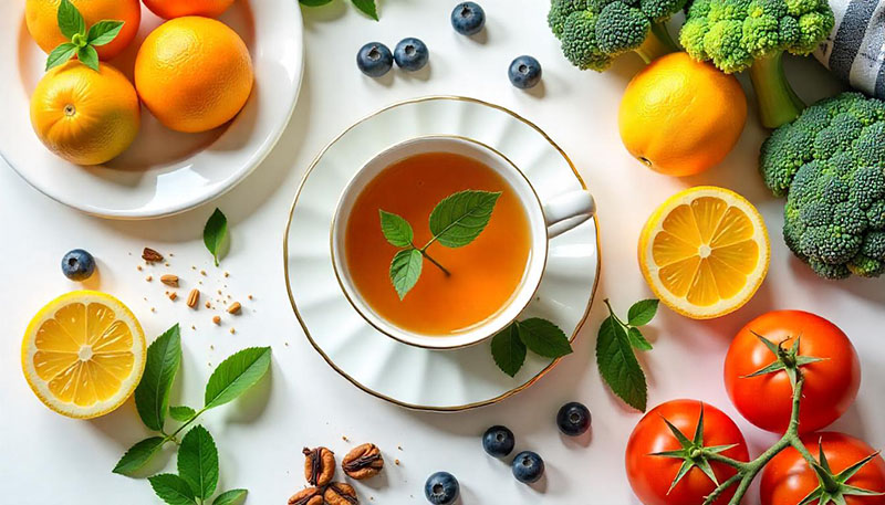 하얀 탁자 위 하얀 접시에 항산화 성분이 풍부한 레몬, 허브차, 토마토, 브르콜리, 블루베리 등이 놓여있는 이미지.