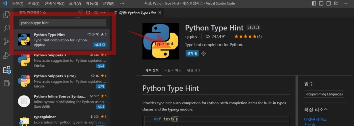 Python Type Hint 설치화면.