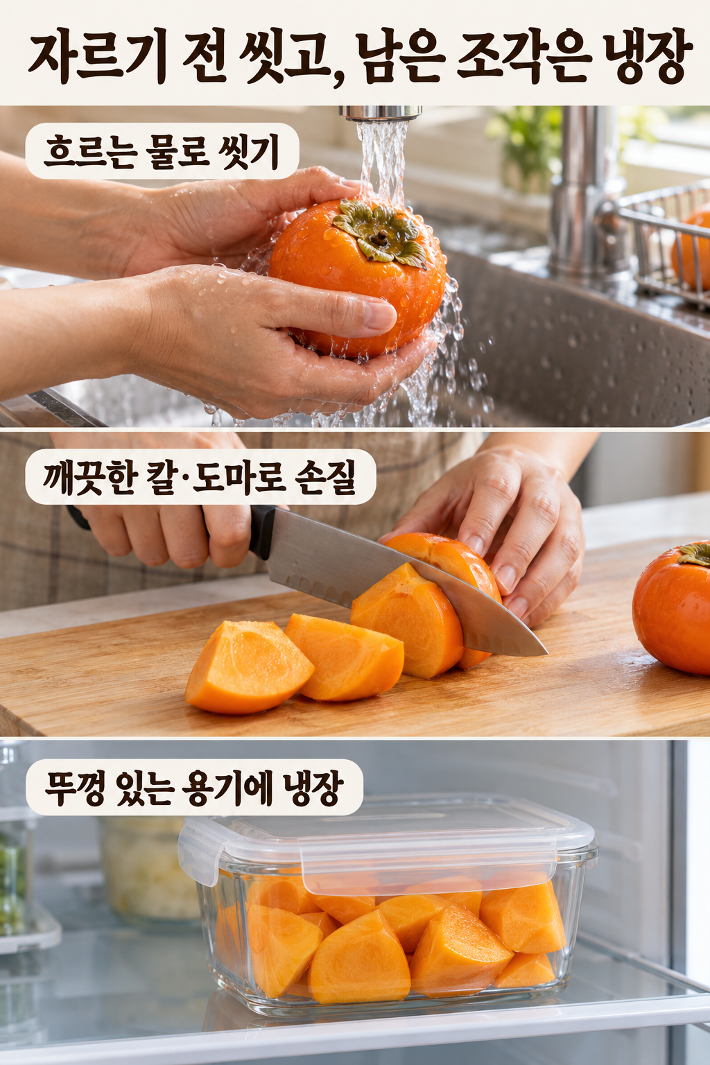 단감을 흐르는 물에 씻고 깨끗한 칼과 도마로 손질한 뒤 남은 조각을 용기에 담아 냉장하는 순서.