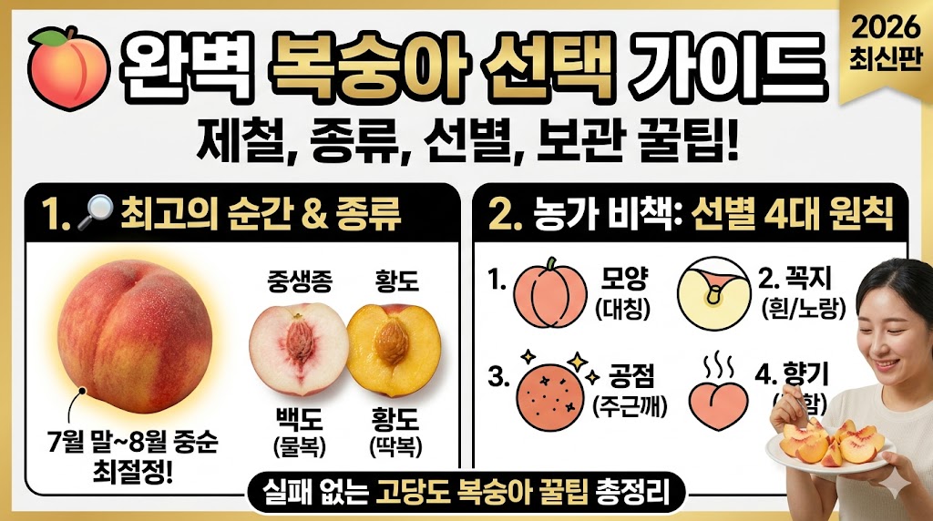 YouTube thumbnail-style infographic titled 'The Ultimate Peach Selection Guide' covering peak harvest seasons, varieties, and the 4 golden rules of selection.