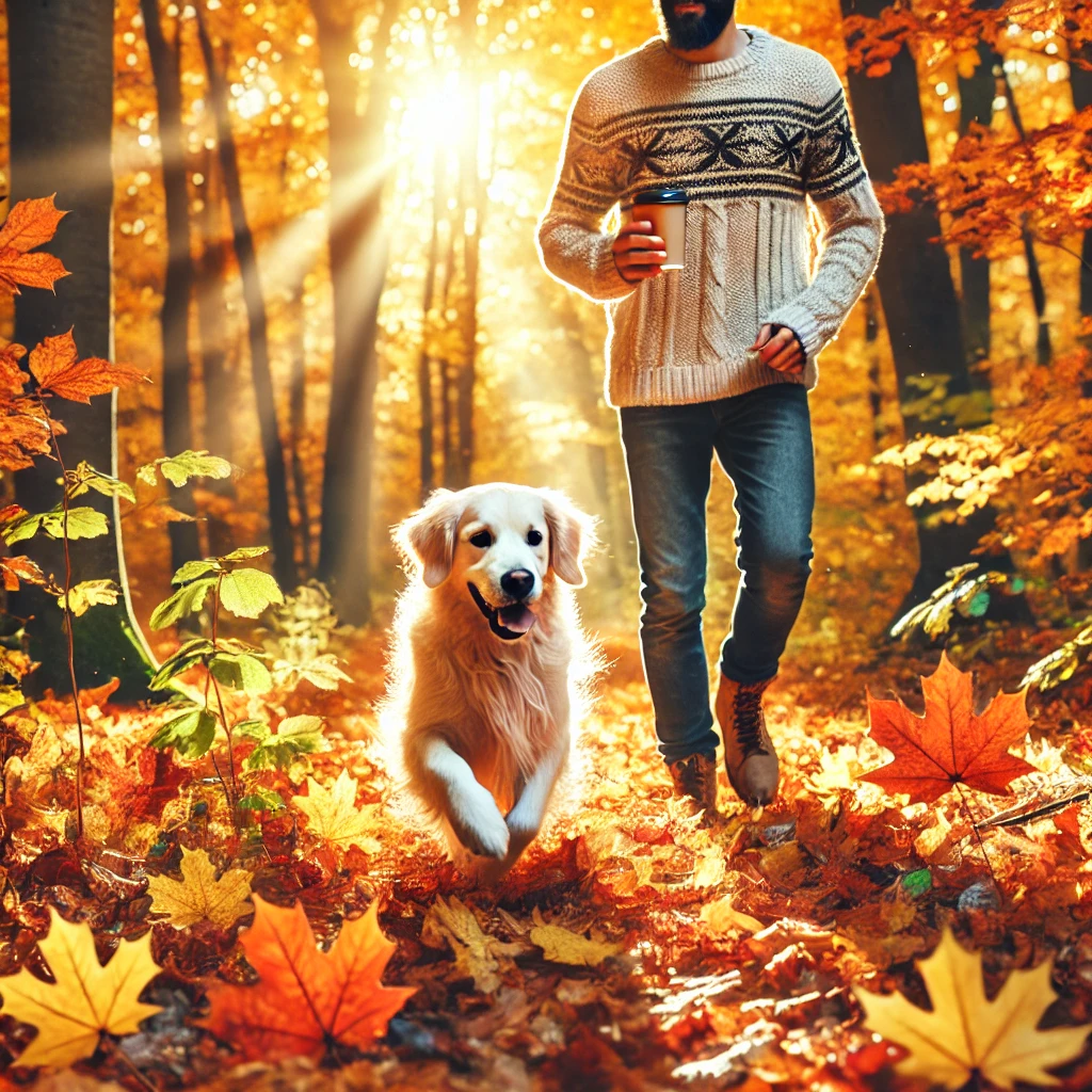 반려견과 주인이 숲속길을 걷는 모습