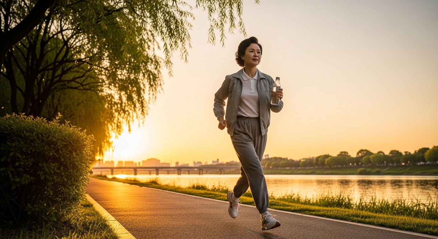 강변 공원에서 걷기 운동 중인 50대 여성