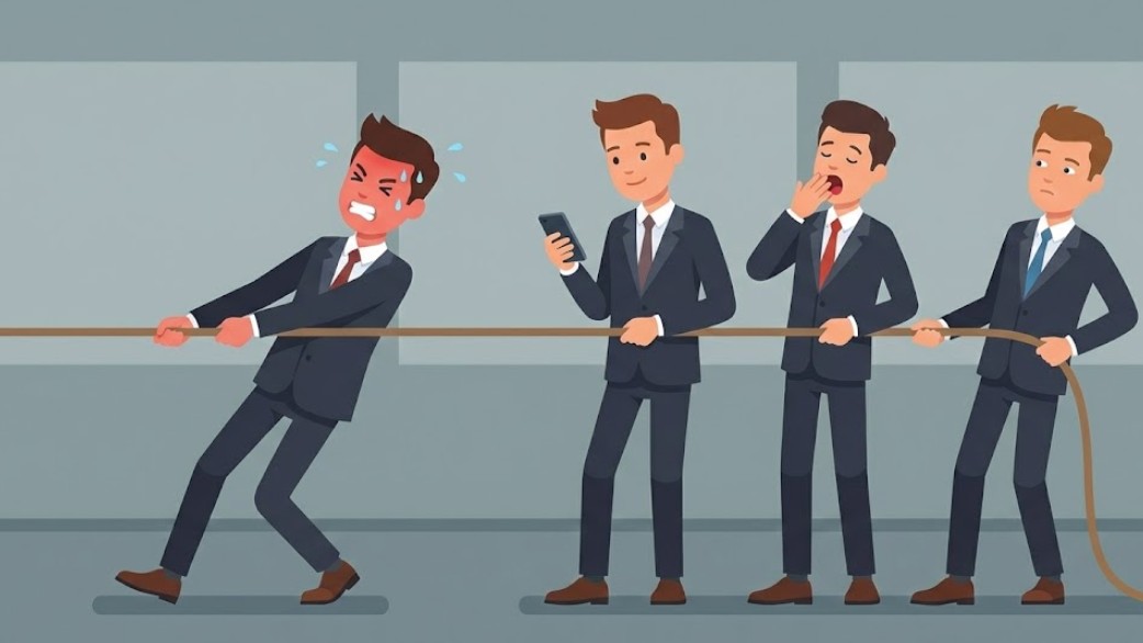 줄다리기 맨 앞 사람은 땀을 뻘뻘 흘리며 온 힘을 다해 당기지만, 바로 뒤의 팀원들은 핸드폰을 보거나 하품하며 줄을 느슨하게 잡고 딴짓하는 모습을 통해 집단 속의 사회적 태만 현상을 묘사