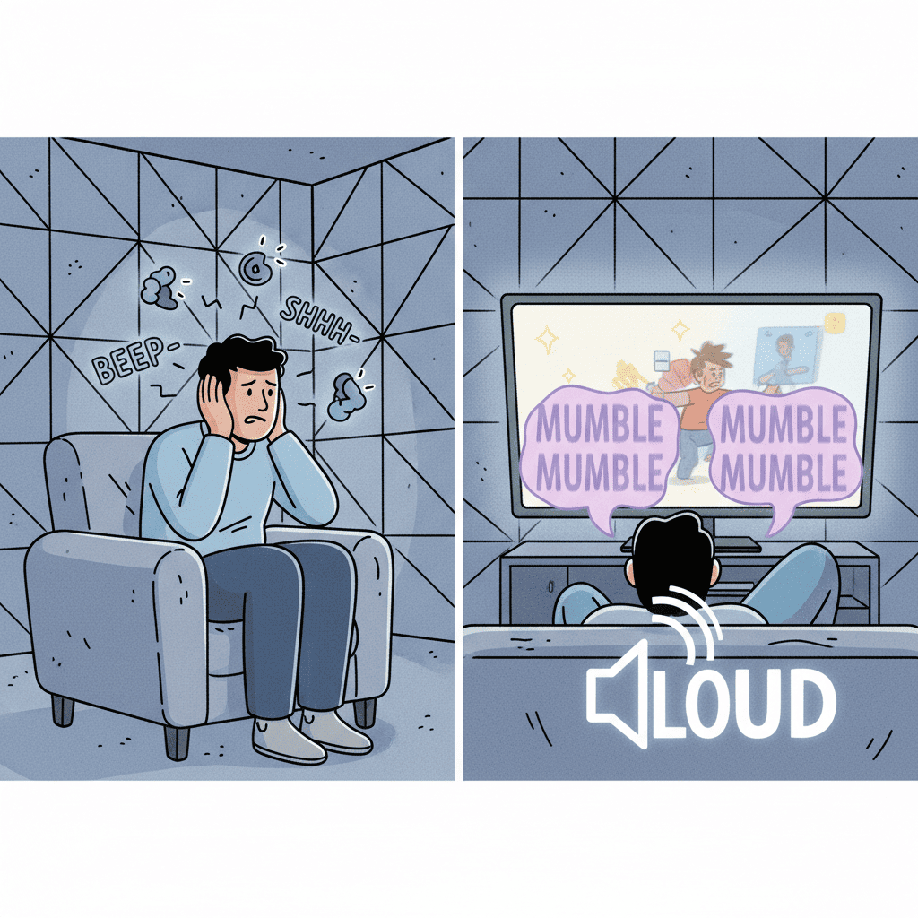 이명(귀에서 나는 소리)&rdquo;과 &ldquo;난청(주변 소리가 안 들리는 느낌)&rdquo;이 어떤 차이가 있는지 직관적으로 보여주는 이미지