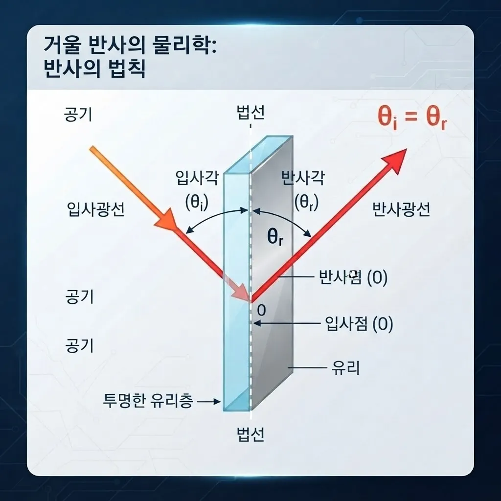 유리층을 지나 은 반사판에서 반사되는 빛의 입사각과 반사각 원리 다이어그램