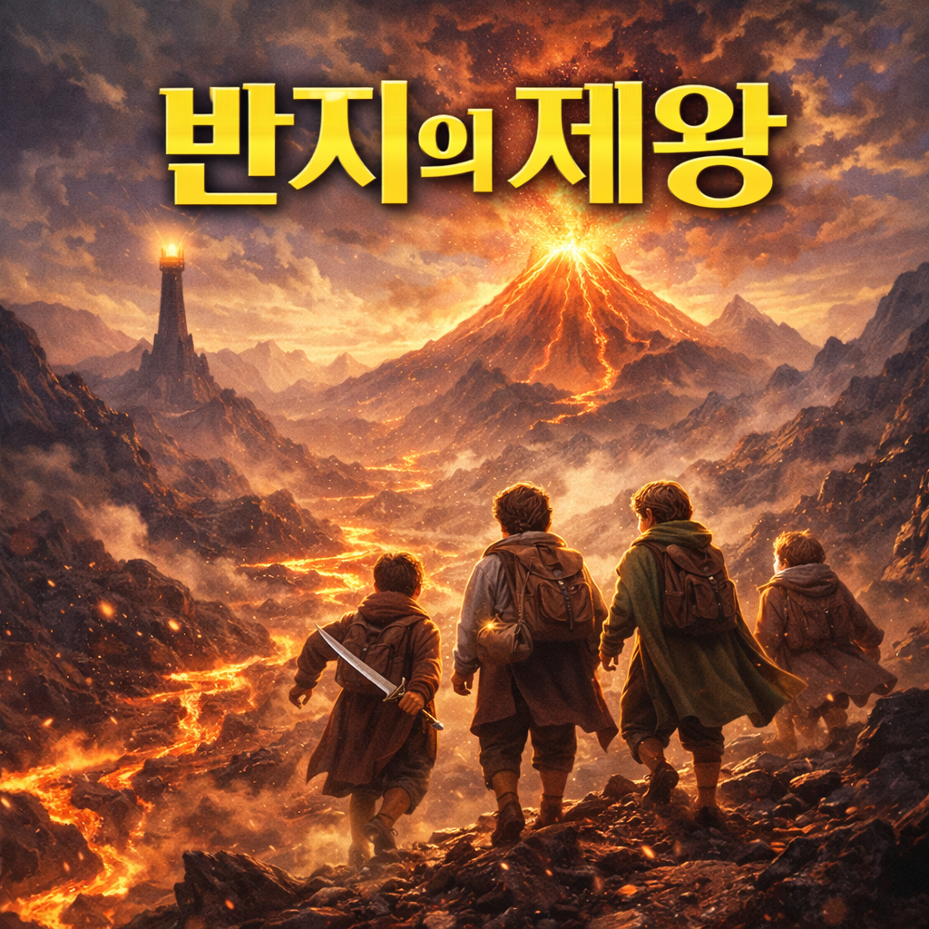 모험을 떠나는 원정대(4명)의 뒷모습 사진. 영화제목 반지의 제왕 문구가 삽입되어 있음