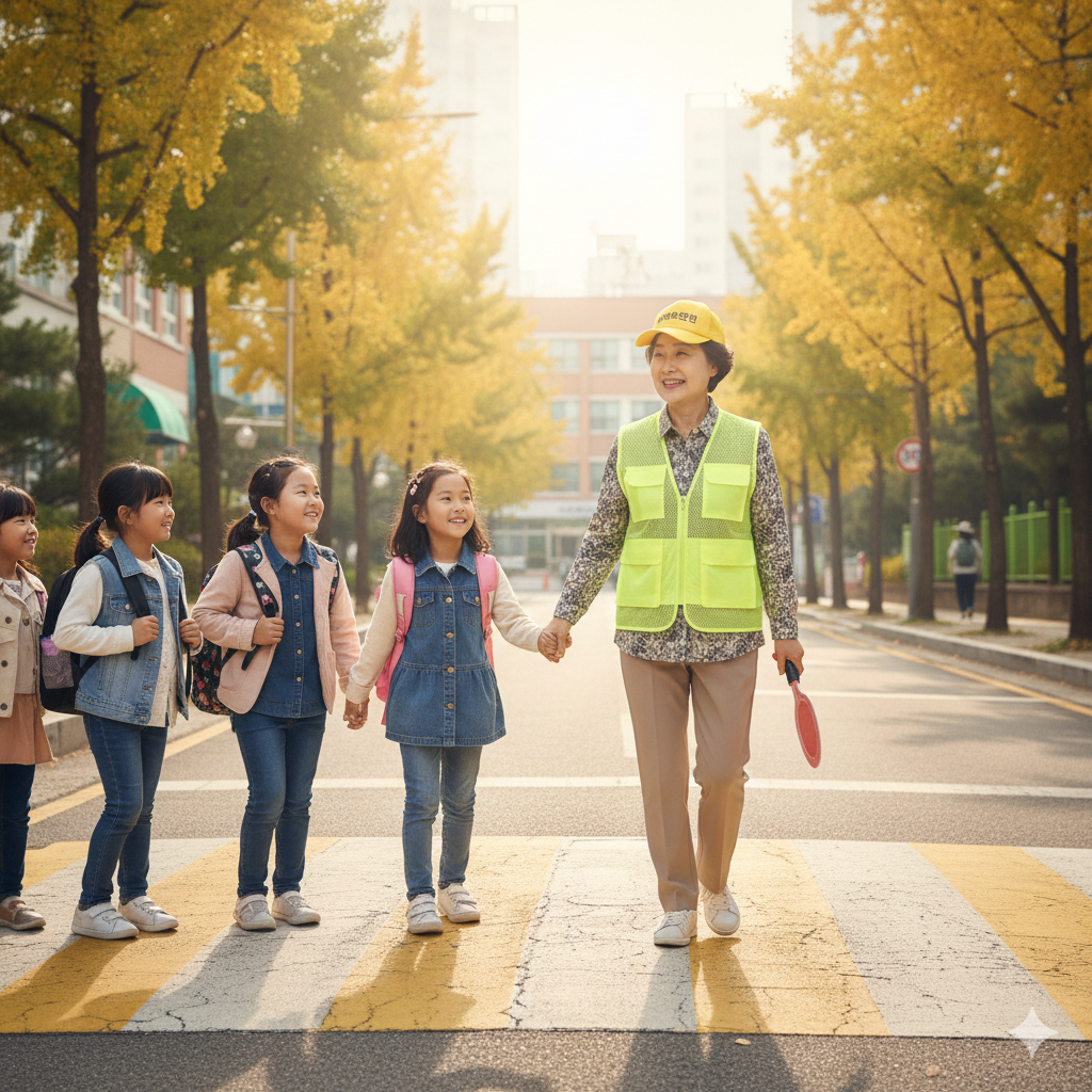 노인 일자리에 근무 중인 노인이 어린 아이들이 안전하게 신호등을 건널 수 있도록 안내하고 있는 모습