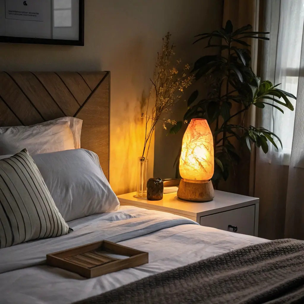 숙면을 돕는 부드러운 무드등이 켜진 편안한 침실 환경