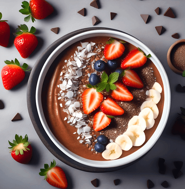 둥그런 그릇에 초콜릿이 가득 있고 그 위에는 빨간 딸기들, 바나나들, 블루베리가 가득 있다. 그릇 주변에도 딸기들이 가득하다.