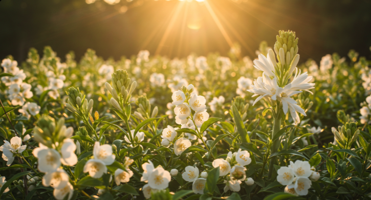 햇살이 스며드는 아름다운 화이트 플로럴 정원, 자스민과 튜베로즈가 만개한 모습