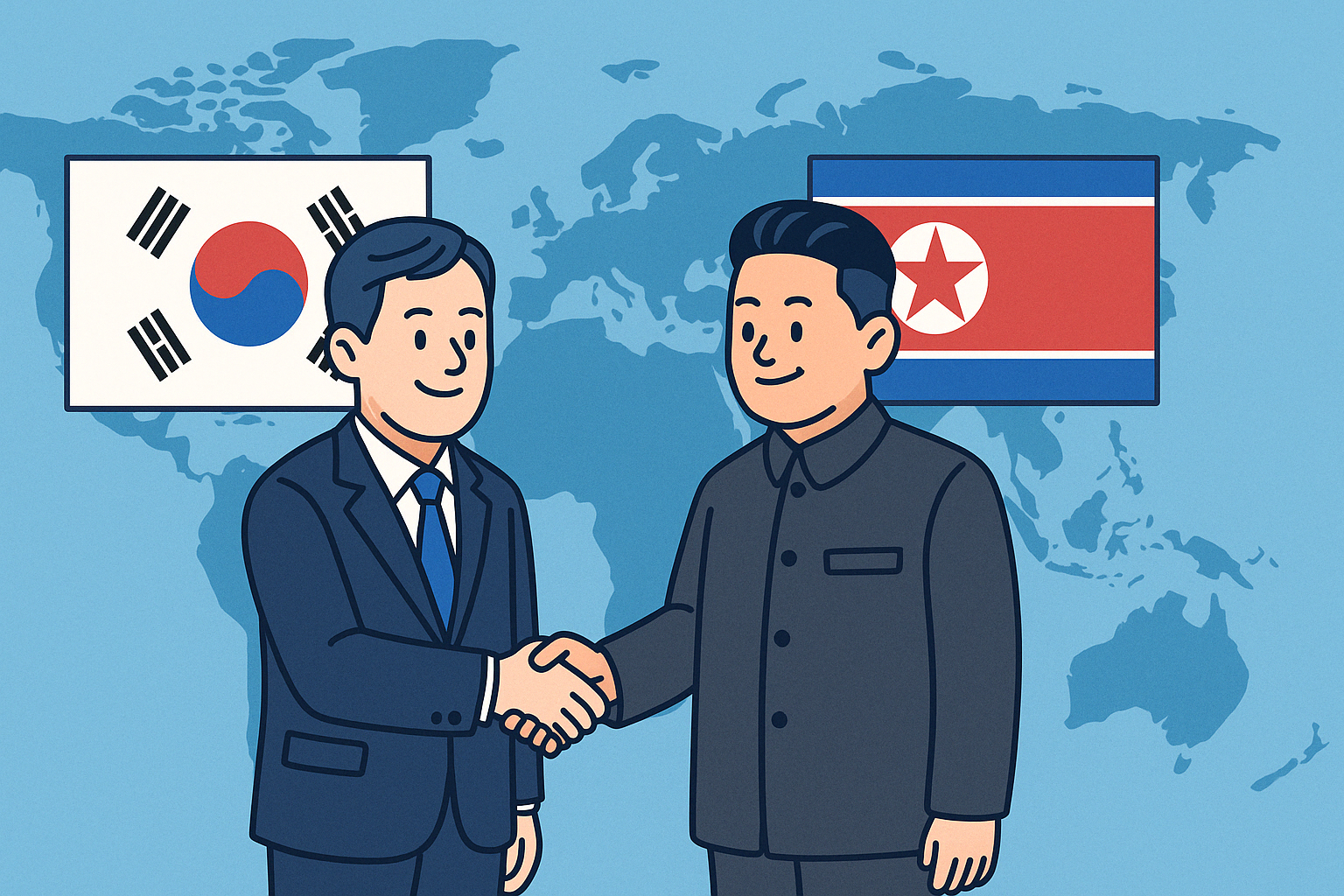 지도와 국기를 배경으로 외교 악수하는 모습