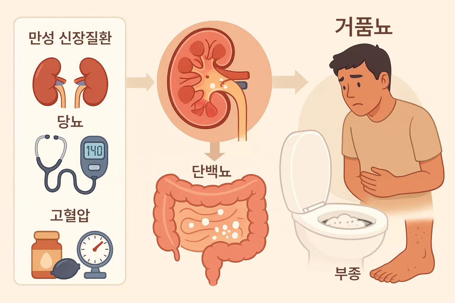 만성 신장질환·당뇨병·고혈압이 소변에 거품을 유발하는 과정의 의학 일러스트, 신장 단면에서 사구체 손상이 단백뇨를 발생시키는 그래픽, 부종·거무스름한 소변·거품이 함께 보이는 모습