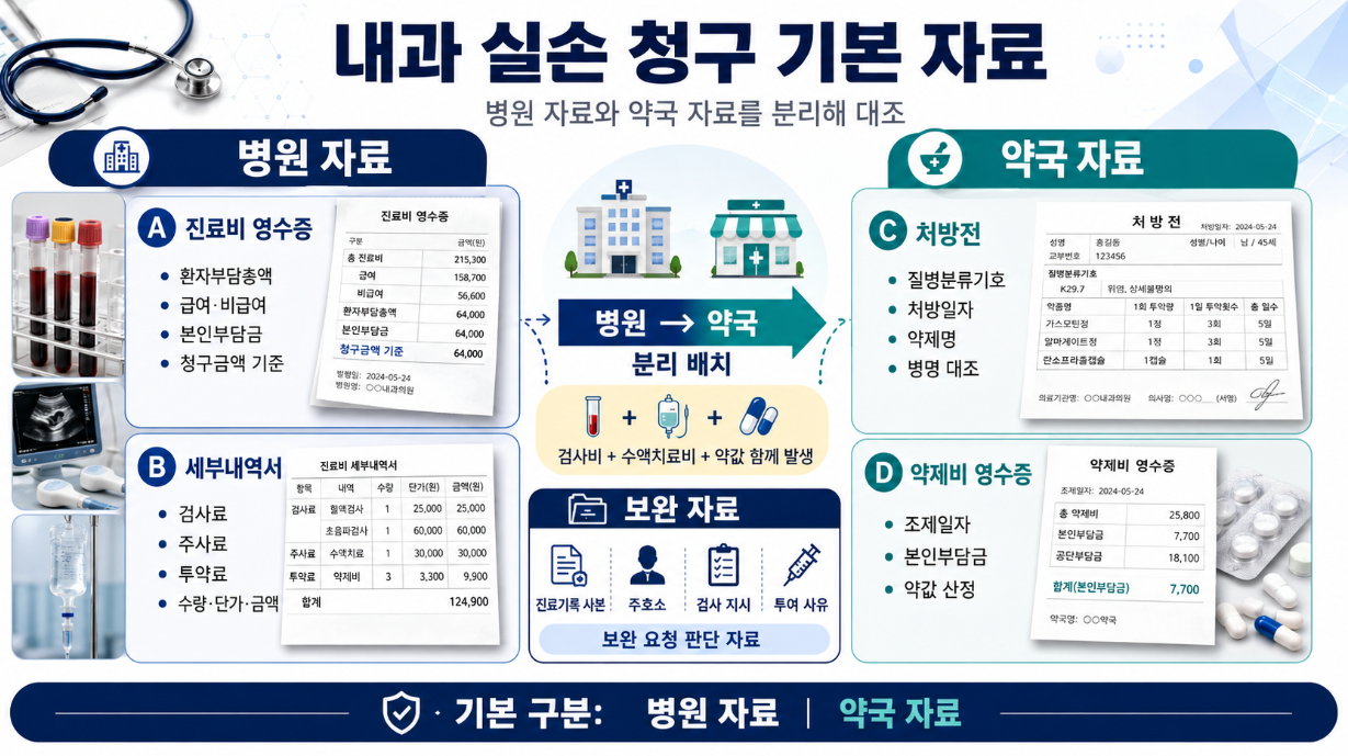 내과 실손 청구 기본 자료를 병원 자료와 약국 자료로 분리해 정리한 인포그래픽
