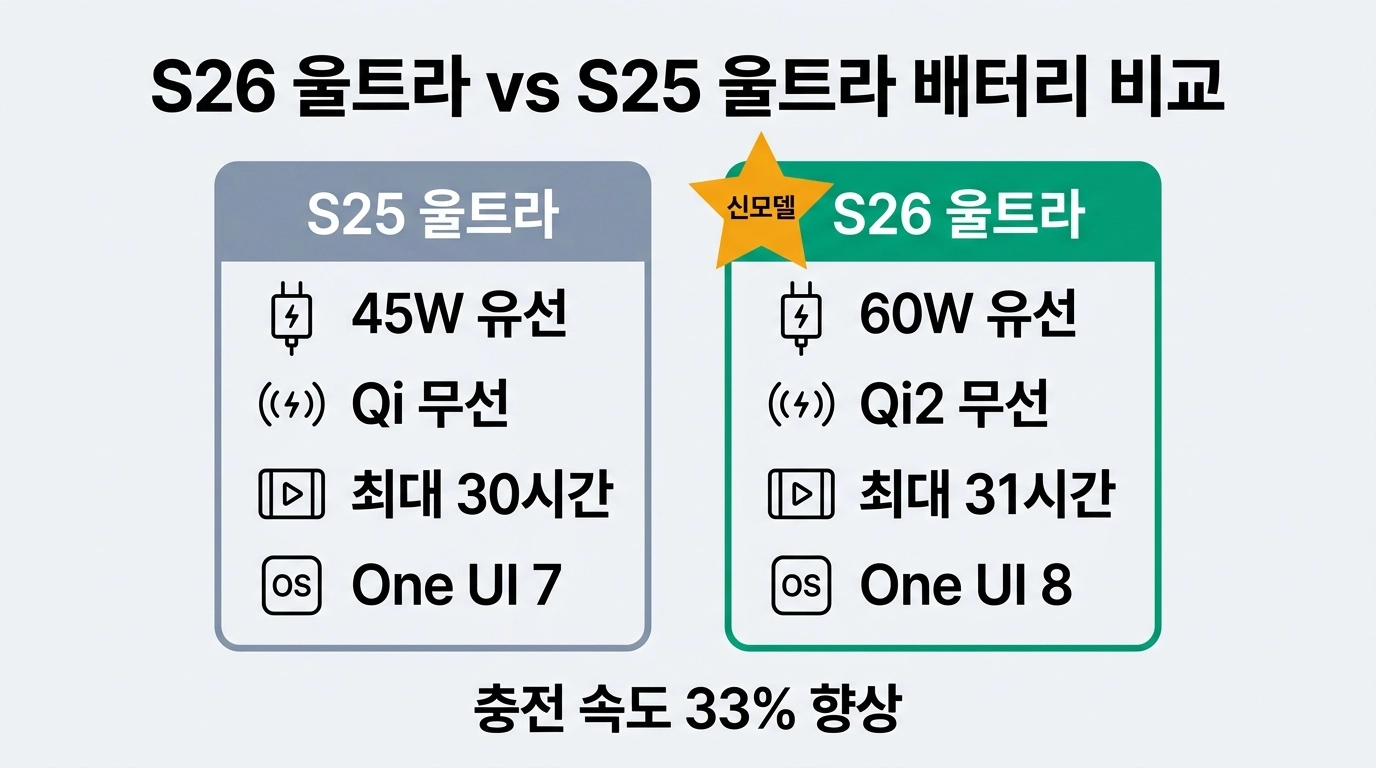 갤럭시 S26 울트라와 S25 울트라 배터리 충전 속도 비교 인포그래픽