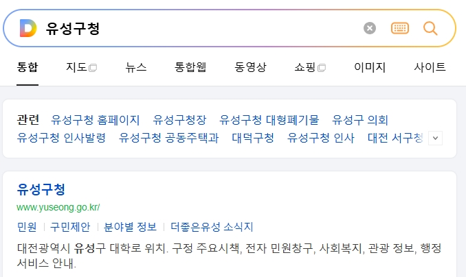 유성구청 첫 화면 및 종합 민원 안내 메뉴 모습