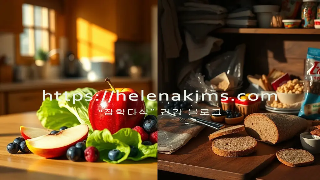 왼쪽은 아침 공복에 섭취 하면 좋은 사과와 블루베리 등이 있고, 오늘쪽에는 아침 공복에 섭취 하면 나쁜 음식 빵 등이 놓인 이미지.