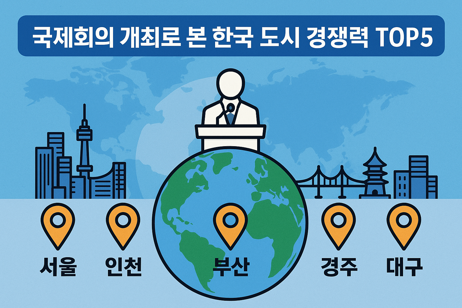국제회의 개최로 본 한국 도시 경쟁력 TOP5를 주제로 한 인포그래픽 이미지. 세계 지도를 배경으로 연단에 선 인물이 글로벌 회의를 상징하며, 하단에는 서울, 인천, 부산, 경주, 대구 다섯 도시 이름과 랜드마크 아이콘이 나열되어 있다. 도시별 MICE 경쟁력을 표현한 밝고 현대적인 이미지.